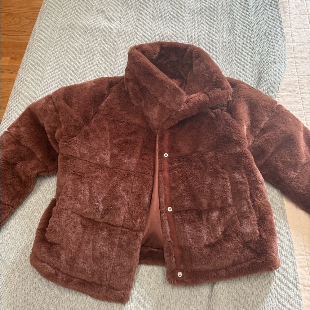 Abercrombie & Fitch Faux Fur Puffer Jacket in Rich Brown